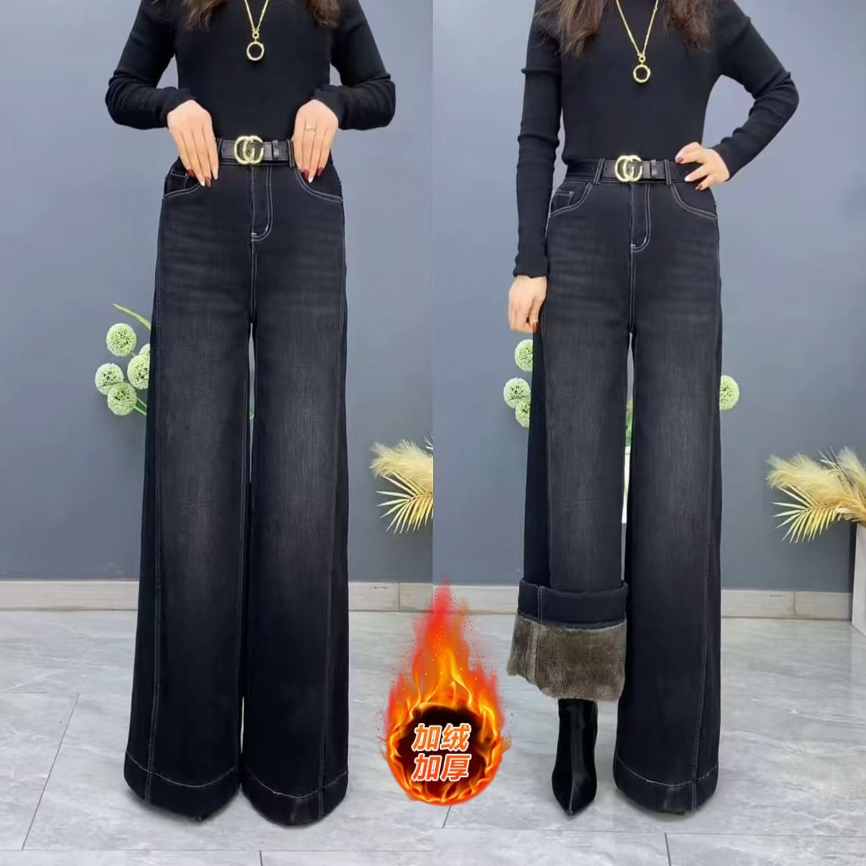 美式复古高腰宽松显瘦阔腿牛仔裤