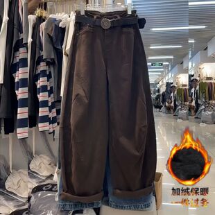 加绒加厚美式弯刀牛仔裤女冬季胖mm梨形显瘦镰刀裤宽松时尚阔腿裤