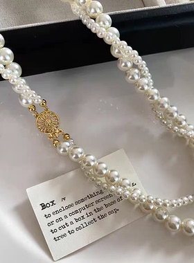S925银进口施家奶白色珍珠项链女双层麻花链14K包金扣颈链锁骨链