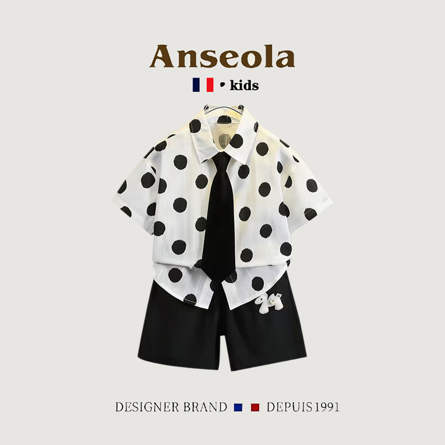 法国ANSEOLA男童短袖套装复古大波点短袖衬衫短裤帅气小童套装潮