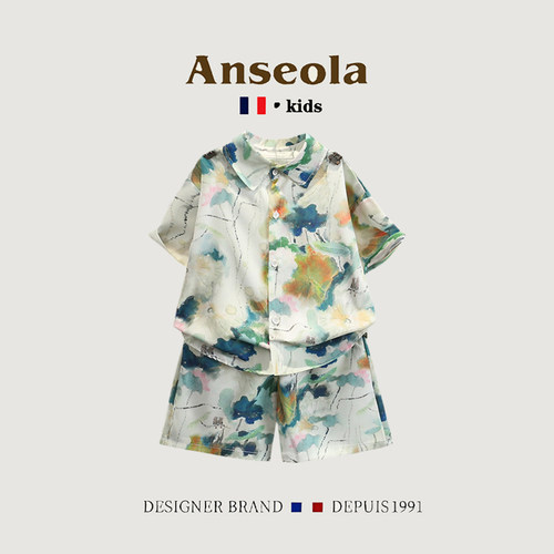 夏季男童国风水墨荷花两件套