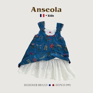韩版 法国Anseola夏季 女童蕾丝印花拼接连衣裙宝宝洋气复古背心裙