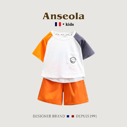 撞色男童夏季短袖T恤短裤套装