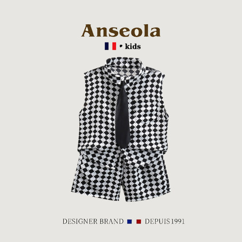 夏季宝宝黑白格领带短裤两件套