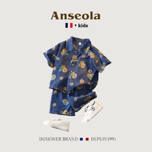 法国Anseola男童短袖牛仔套装洋气儿童夏装潮牌衣服宝宝网红痞帅