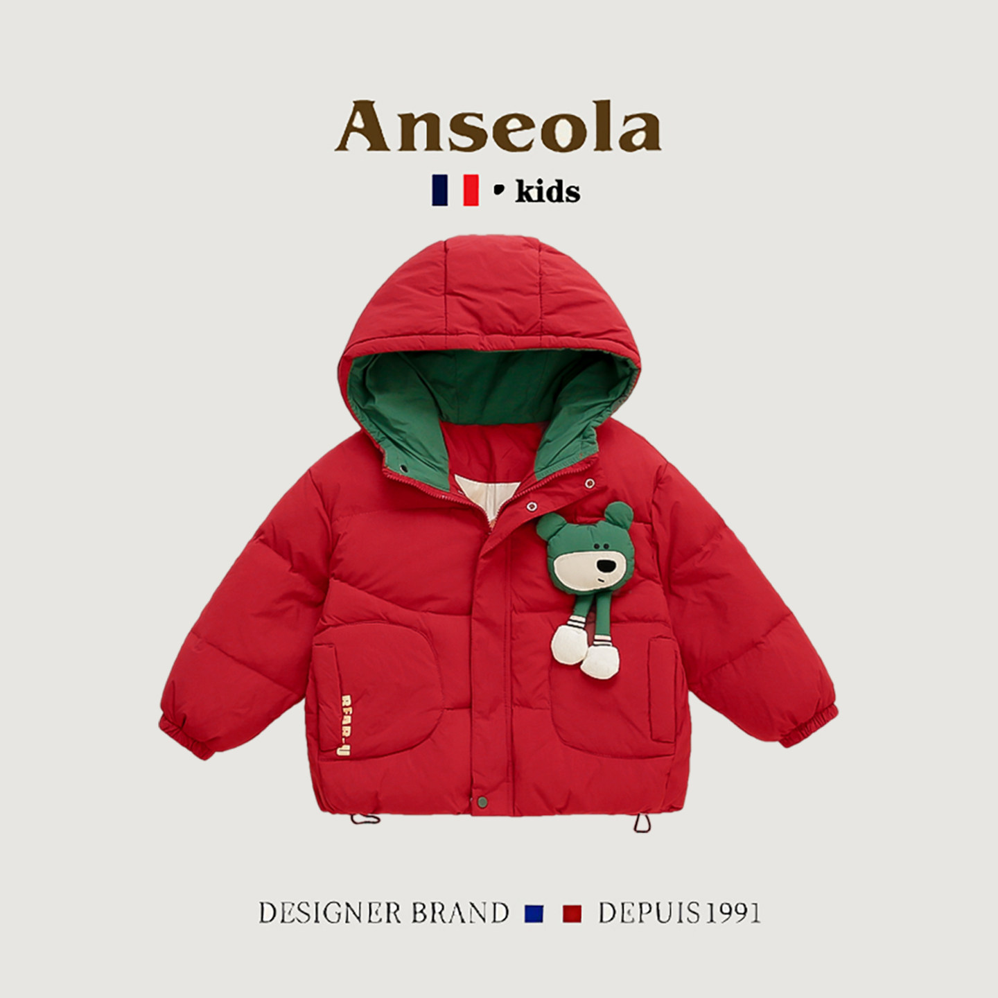 法国ANSEOLA女童棉服红色卡通小女孩冬季加厚保暖连帽棉衣外套潮