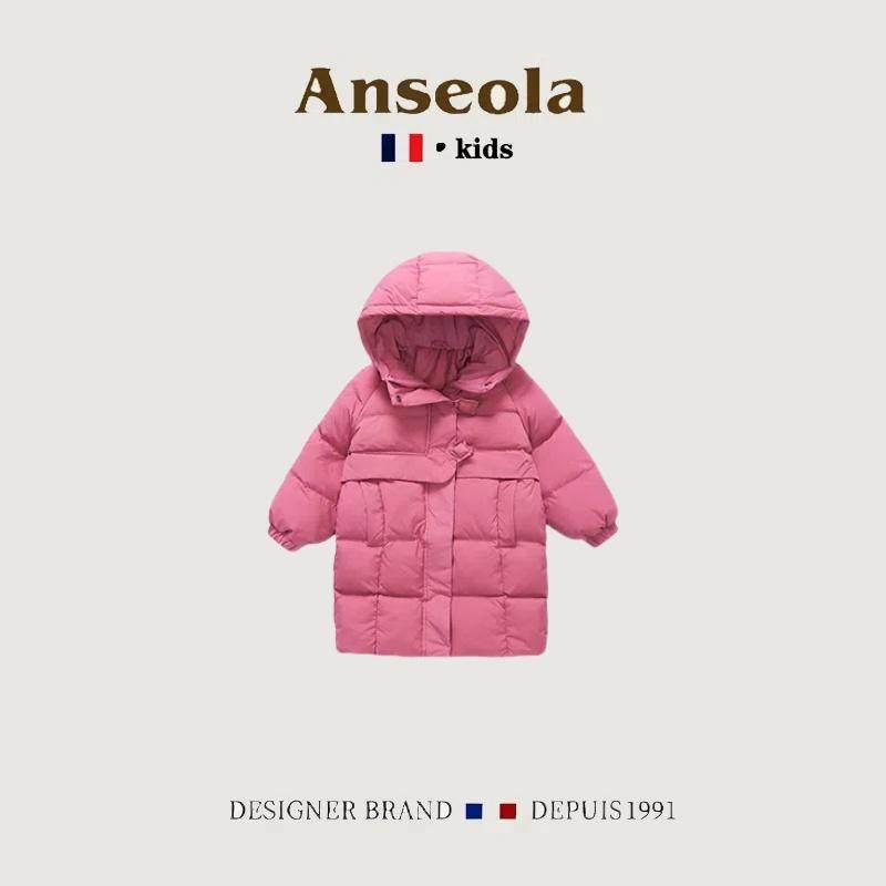 法国anseola新款2024女童冬季羽绒棉服女宝宝加绒加厚中长款棉服