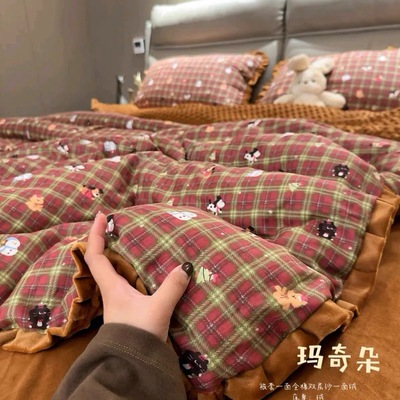 全棉双层纱棉加绒秋冬保暖四件套