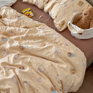 a类卡通轻松熊全棉双层纱床上四件套纯棉纱布被套学生宿舍三件套