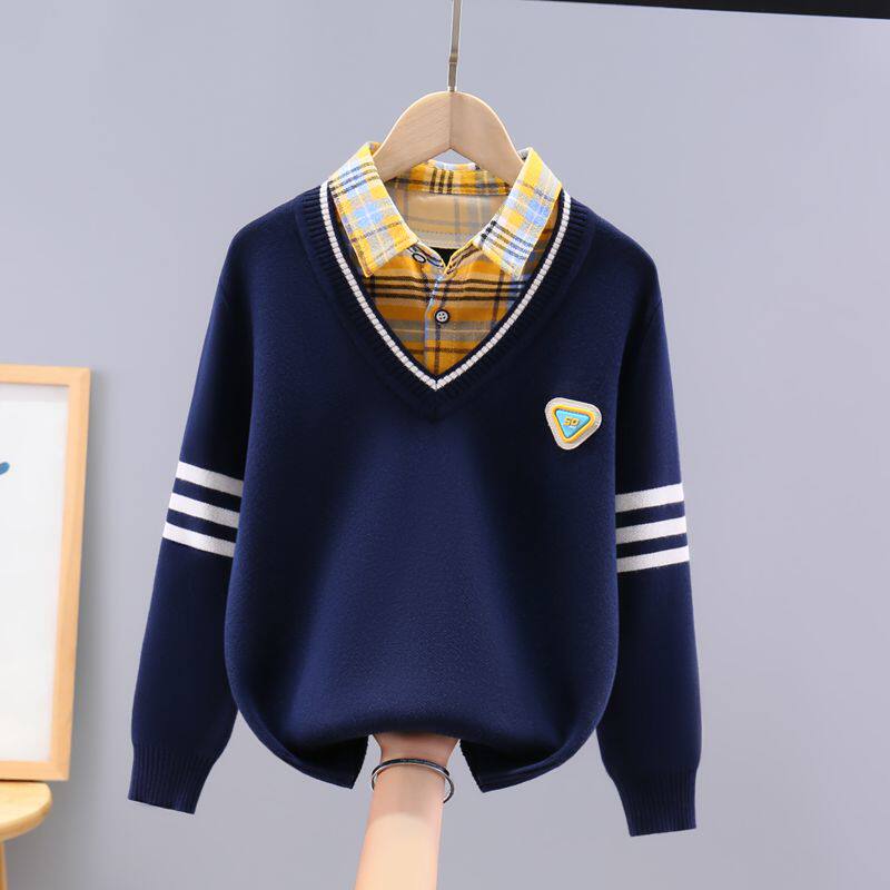 男童毛衣假两件秋冬款2025儿童加绒加厚针织衫中大童男孩纯棉线衣
