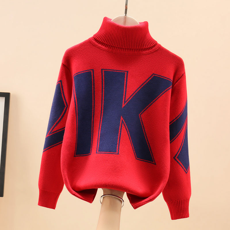 男童毛衣高领加绒加厚红色秋冬款男孩中大童纯棉针织衫儿童打底衫
