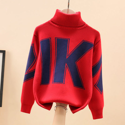 男童毛衣高领加绒加厚红色秋冬款男孩中大童纯棉针织衫儿童打底衫