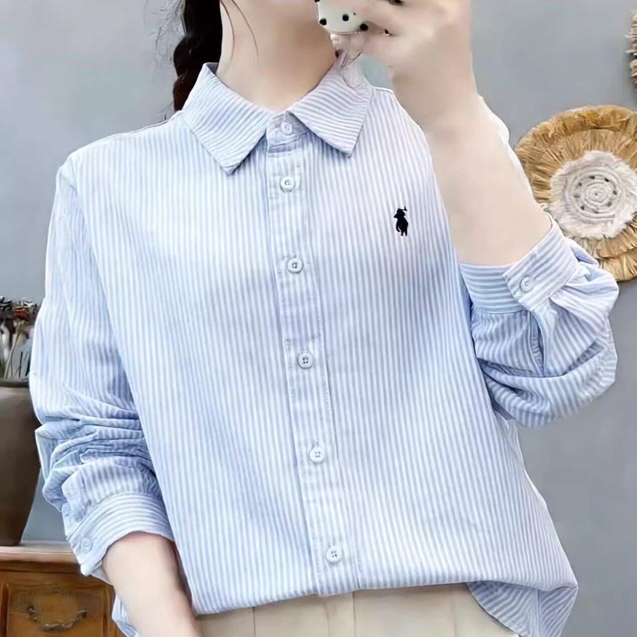 春秋文艺小清新纯棉刺绣牛津纺竖条纹衬衫女宽松休闲百搭打底上衣