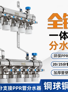 全铜大流量地暖分水器暖气片地热分水器1寸热熔4分6分25PPR分水器