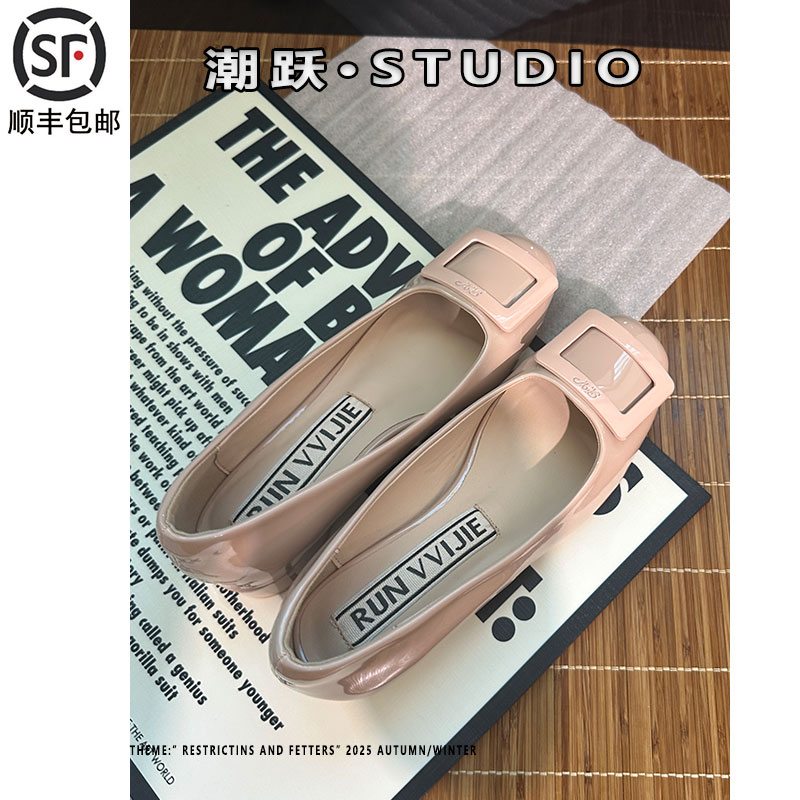rv裸色圆头粗跟玛丽珍鞋女真皮2025秋季方扣水钻通勤风浅口单鞋女