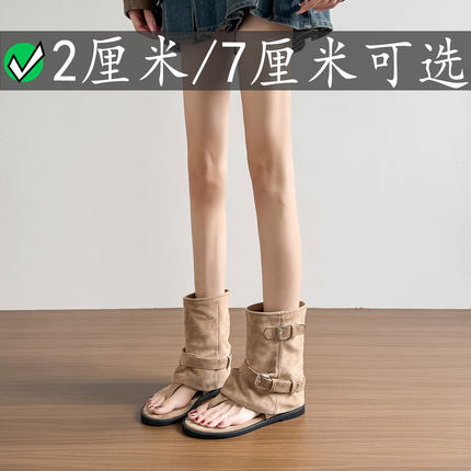 复古风夹趾凉靴女内增高7cm皮带扣粗跟中筒裤管靴废土风外穿新款