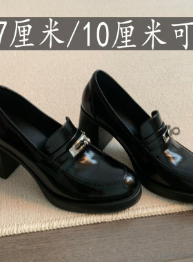 内增款~英伦风7CM高跟小皮鞋女2026新款黑色粗跟真皮乐福鞋女夏秋