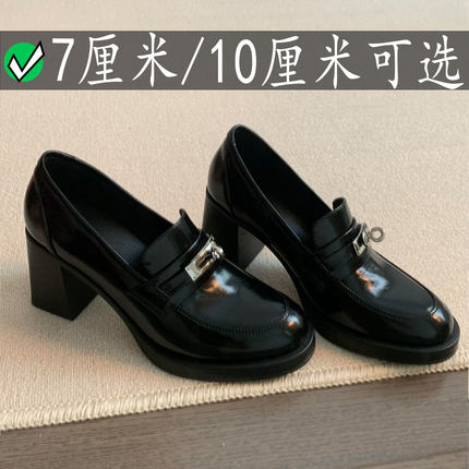 内增款~英伦风7CM高跟小皮鞋女2026新款黑色粗跟真皮乐福鞋女夏秋