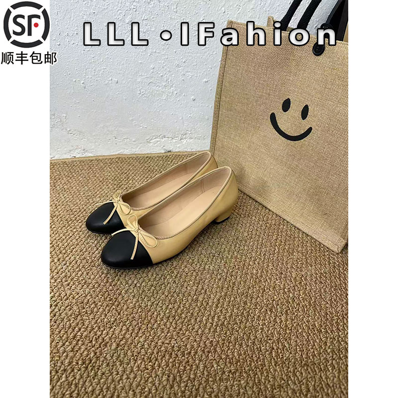 羊皮版粗跟蝴蝶结小香风单鞋女