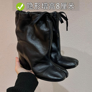 8CM~小个子内增高粗跟分趾靴子大筒围可调节胖妹妹短靴辣妹猪蹄靴