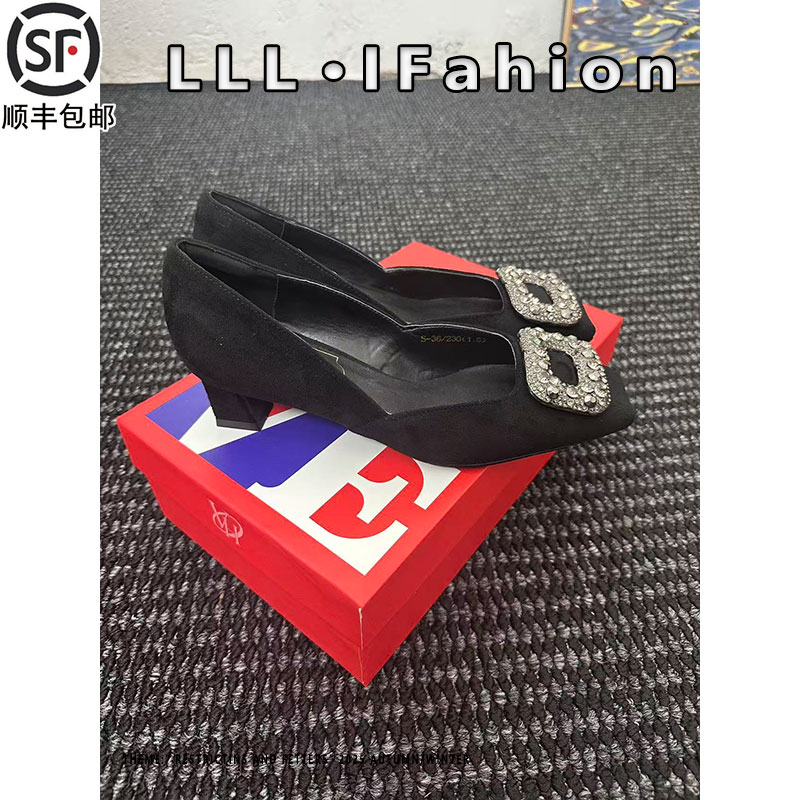 rv水钻方扣高跟鞋女绒面真皮2025秋冬季方头百搭美拉德复古单鞋女