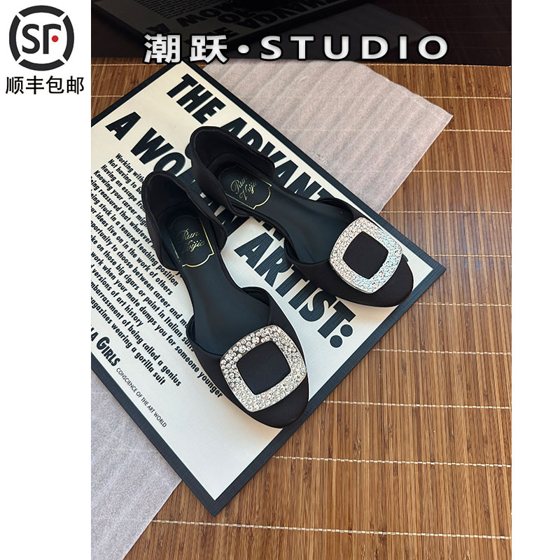 rv黑色绸缎鞋女真皮2025秋季中空小蛮腰单鞋女水钻方扣时装凉鞋女
