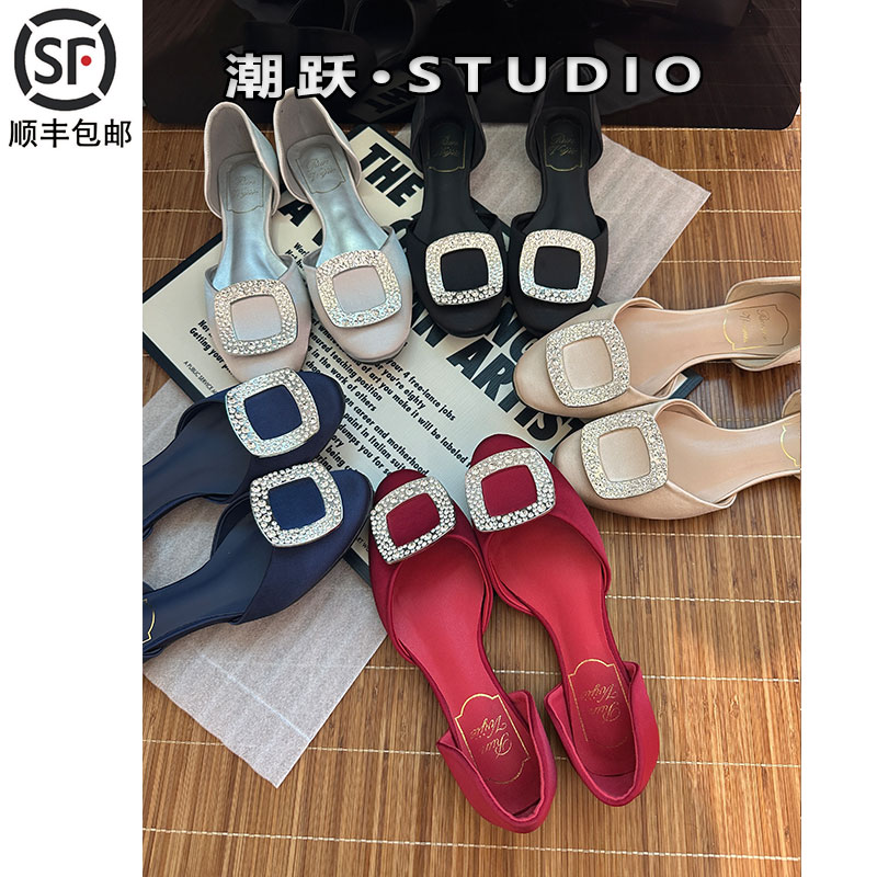 Right Video水钻中空绸缎鞋女2025秋季一脚蹬时装方扣凉鞋女真皮