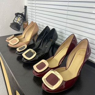 rv中空高跟方扣凉鞋女真皮2026春夏琮嫒同款细跟浅口8.5CM单鞋女