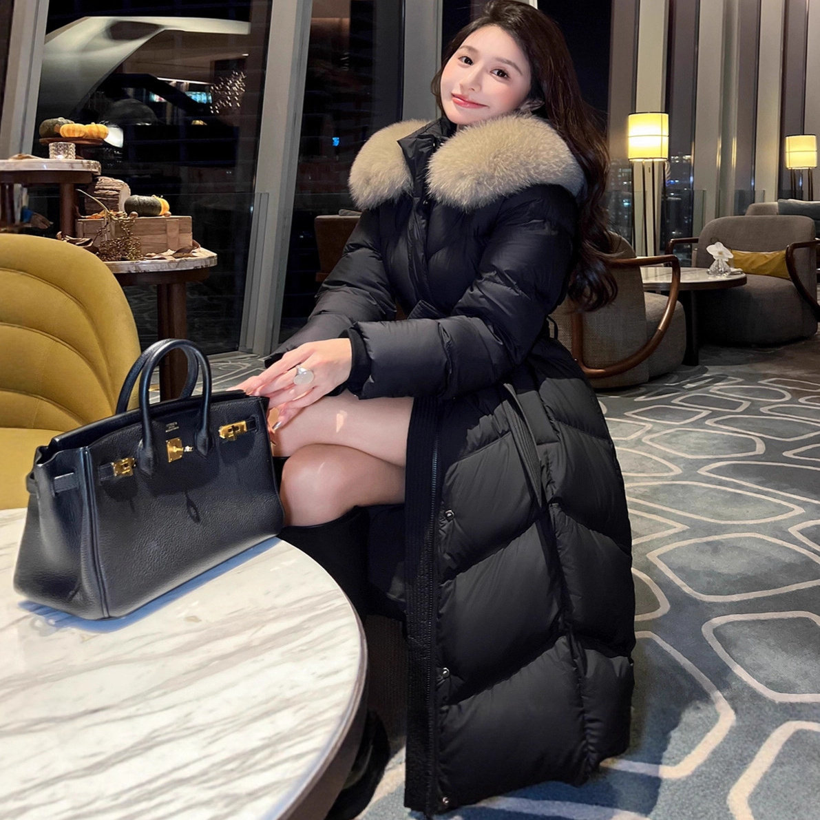 狐狸毛领羽绒服女中长款2025冬季新款收腰过膝连帽加厚白鸭绒外套,女装/女士精品,羽绒服,淘宝优惠券,粉丝福利购,淘宝优惠卷