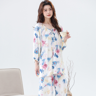 套头人造棉家居服套装 棉绸睡衣女春夏季 宽松大码 灯笼袖 可外穿 薄款