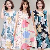 无袖 绵绸睡裙女士夏季 宽松大码 背心裙子人造棉家居服妈妈棉绸睡衣