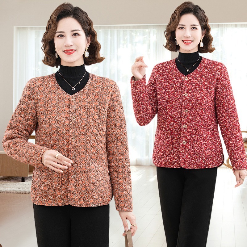 中老年女秋冬V领花色驼绒棉袄内外穿妈妈加厚保暖内胆小棉衣外套