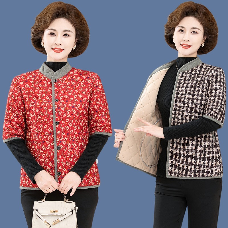 女士冬季德绒碎花保暖中袖马夹中老年妈妈护肩棉马甲奶奶半袖棉衣