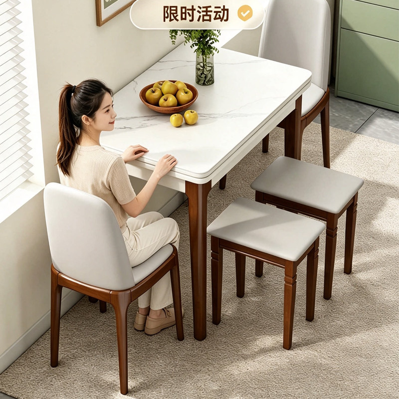岩板实木折叠伸缩餐桌小户型图片