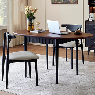 法式餐桌中古风实木折叠圆形桌小户型简约饭桌家用吃饭可伸缩桌子