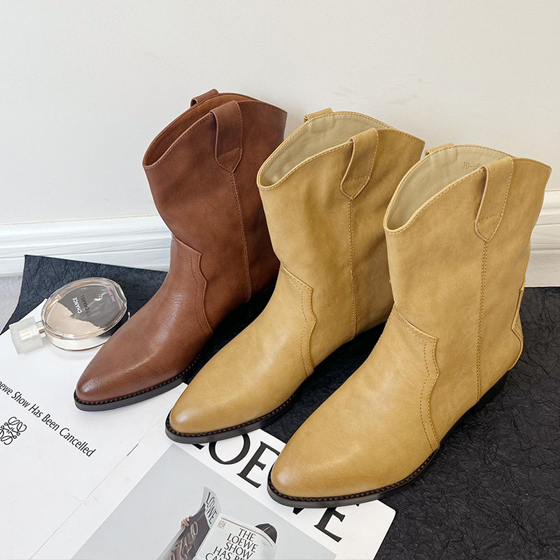GENUINE LEATHER WESTERN COWBOY BOOTS WOMENS AUTUMN 2024 NEW VINTAGE POINTED TOE BOOTS SLEEVE V-MOUTH THIN BLOCK HEEL BOOTIES