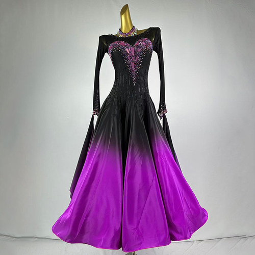 定制渐变缎布国标舞摩登舞比赛裙华尔兹演出服交谊舞仿奥钻大摆裙