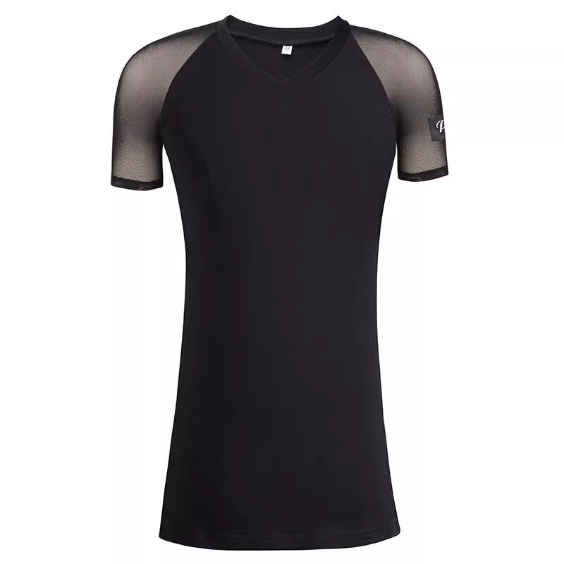 拉丁舞摩登舞训练服练功服短袖T恤贴脖子小V领两侧开叉弹力上衣