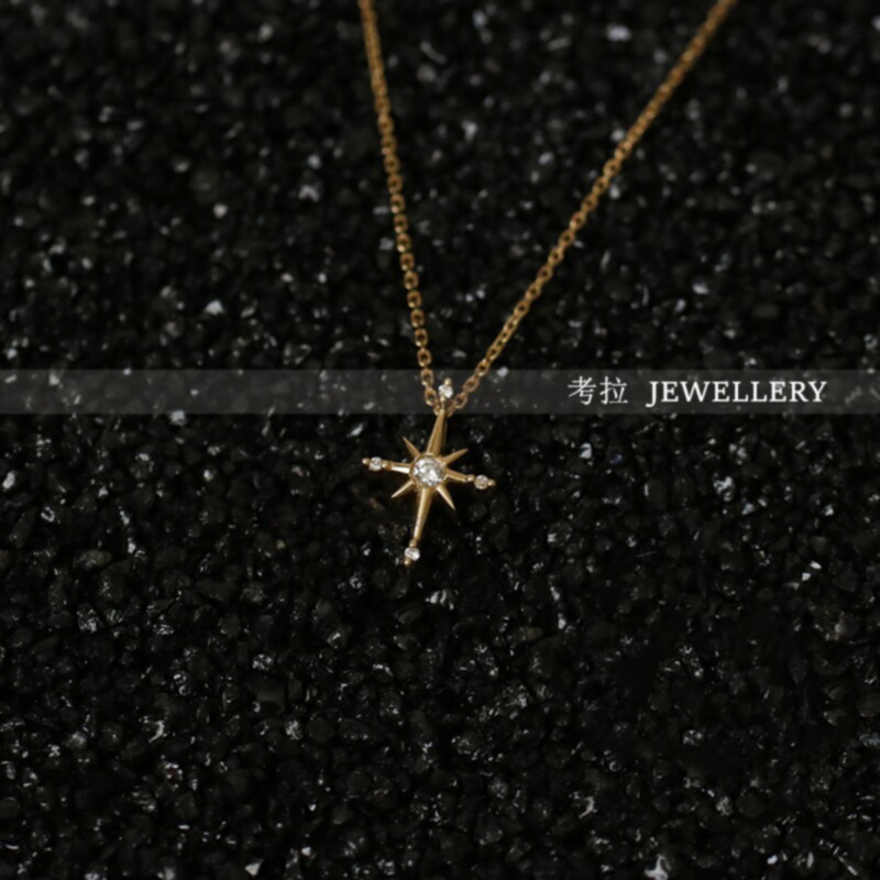 日本18K金北极星项链 女黄金纯银钻石星星锁骨链八芒星十字架礼物