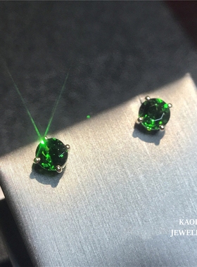 18K金圆形祖母绿耳钉 女纯银绿宝石耳环透辉石圆钻个性高级感礼物