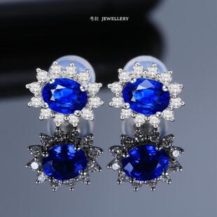 小戴妃耳钉女轻奢白金纯银海蓝宝耳环耳饰蓝宝石太阳花小众设计感