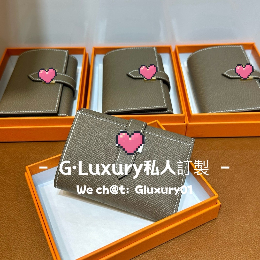 Bearn三折短钱夹钱包 纯手工蜡线缝原厂epsom牛皮H短款钱包大象灰