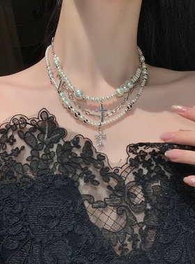哥特朋克风叠戴仿珍珠十字架项链女颈链高级感轻奢小众锁骨链配饰