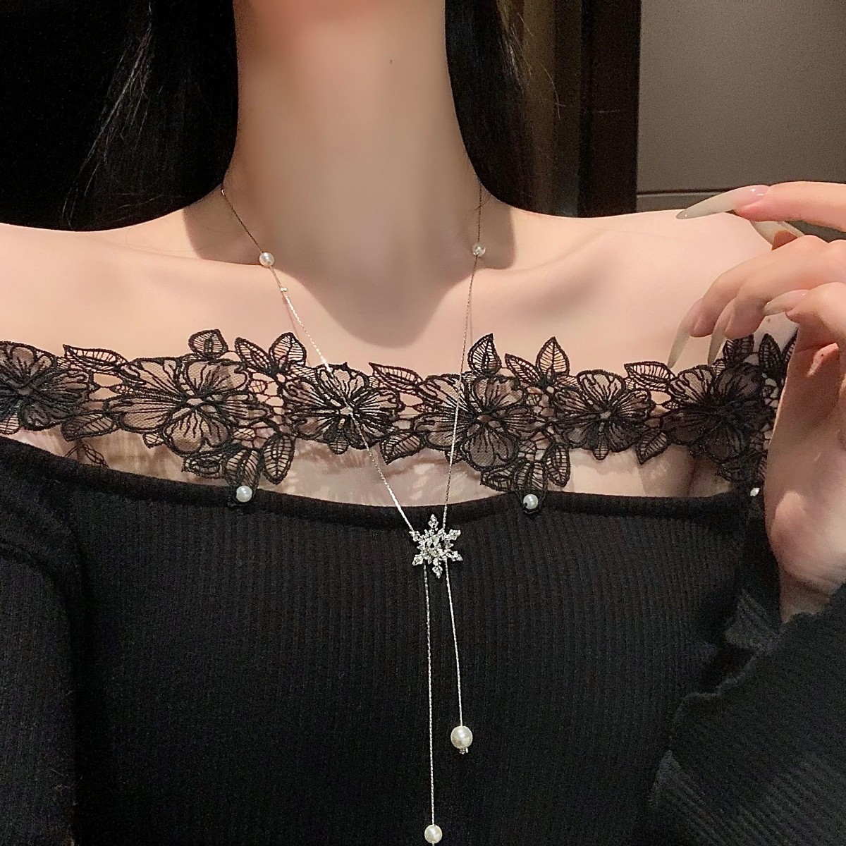 贵气女主！闪锆雪花仿珍珠可抽拉项链小众设计长款颈链配饰毛衣链