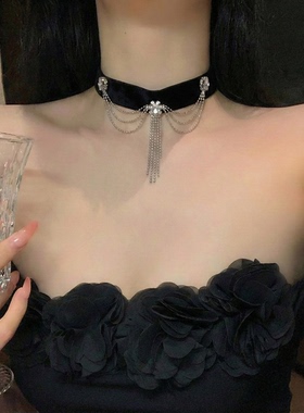 复古黑丝绒流苏项链女甜酷辣妹