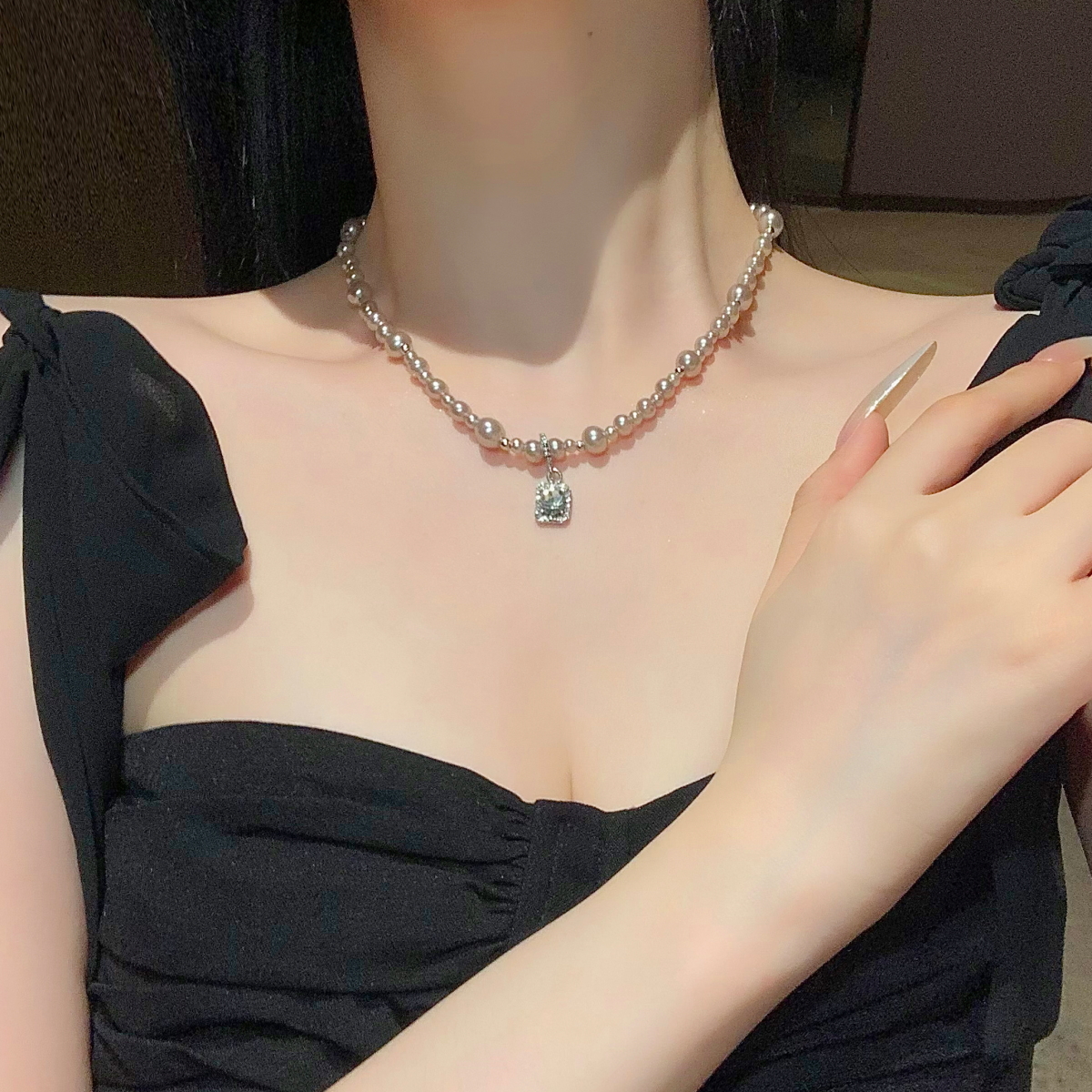 曼塔玫瑰方钻施家珍珠项链轻奢小众高级感颈链毛衣链气质锁骨链女