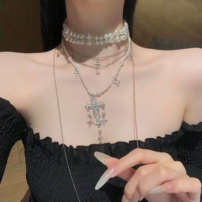 复古多层叠戴珍珠项链高级感长款毛衣链chocker十字架锁骨链配饰
