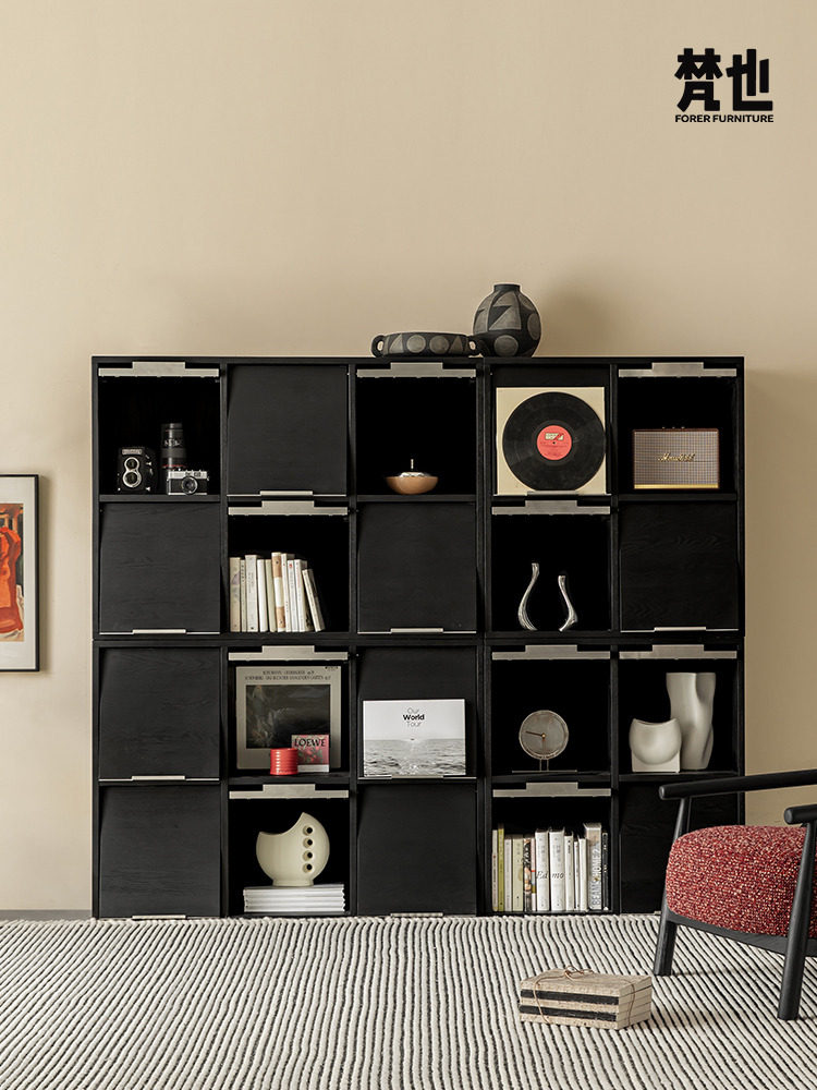Комбинированный шкаф Fanye furniture Shiyin, книжный шкаф из массива дерева, свободный комбинированный шкаф, гостиная, черный шкаф для хранения, шкаф для хранения Изображение 1