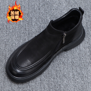 真皮男鞋冬季保暖加绒中帮皮鞋男款年轻人百搭黑色休闲鞋2025新款