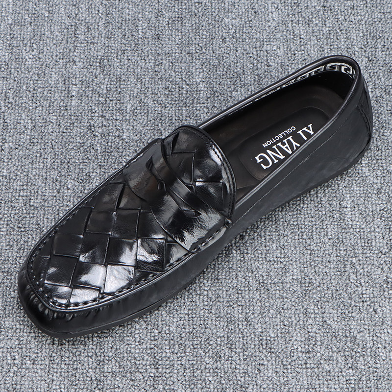 编织男鞋秋款2025新款韩版潮流轻便舒适软底休闲鞋男款真皮豆豆鞋,流行男鞋,乐福鞋（豆豆鞋）,淘宝优惠券,粉丝福利购,淘宝优惠卷